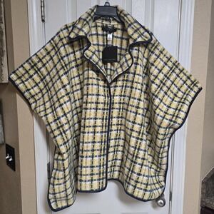 Andrew Marc New York yellow navy‎ gingham tartan plaid poncho OS new